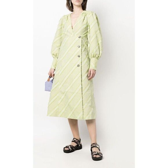 Ganni Green Dress with puff sleeves Midi suze 34 US 2 - Picture 3 of 16